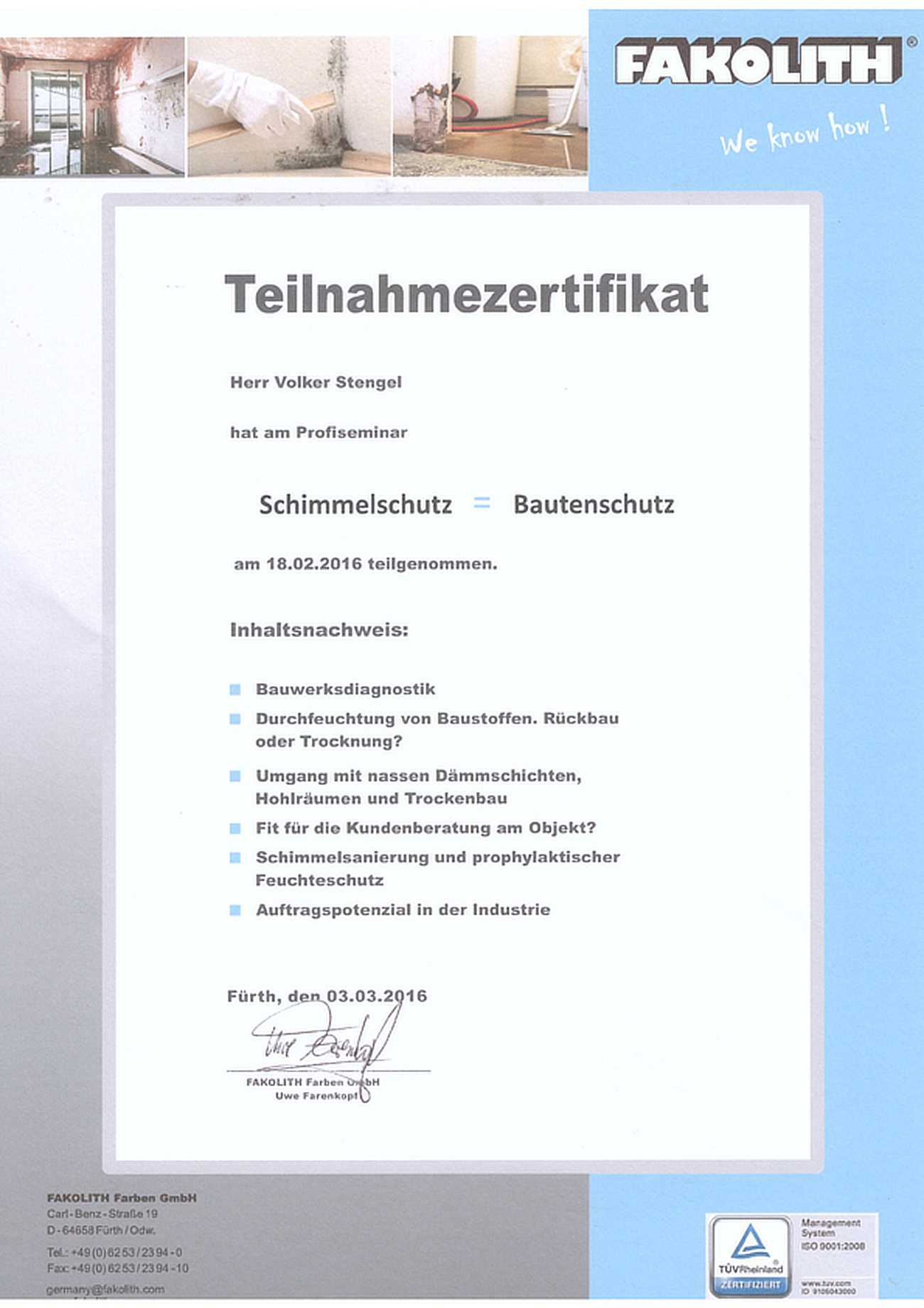 Zertifikat Fakolith